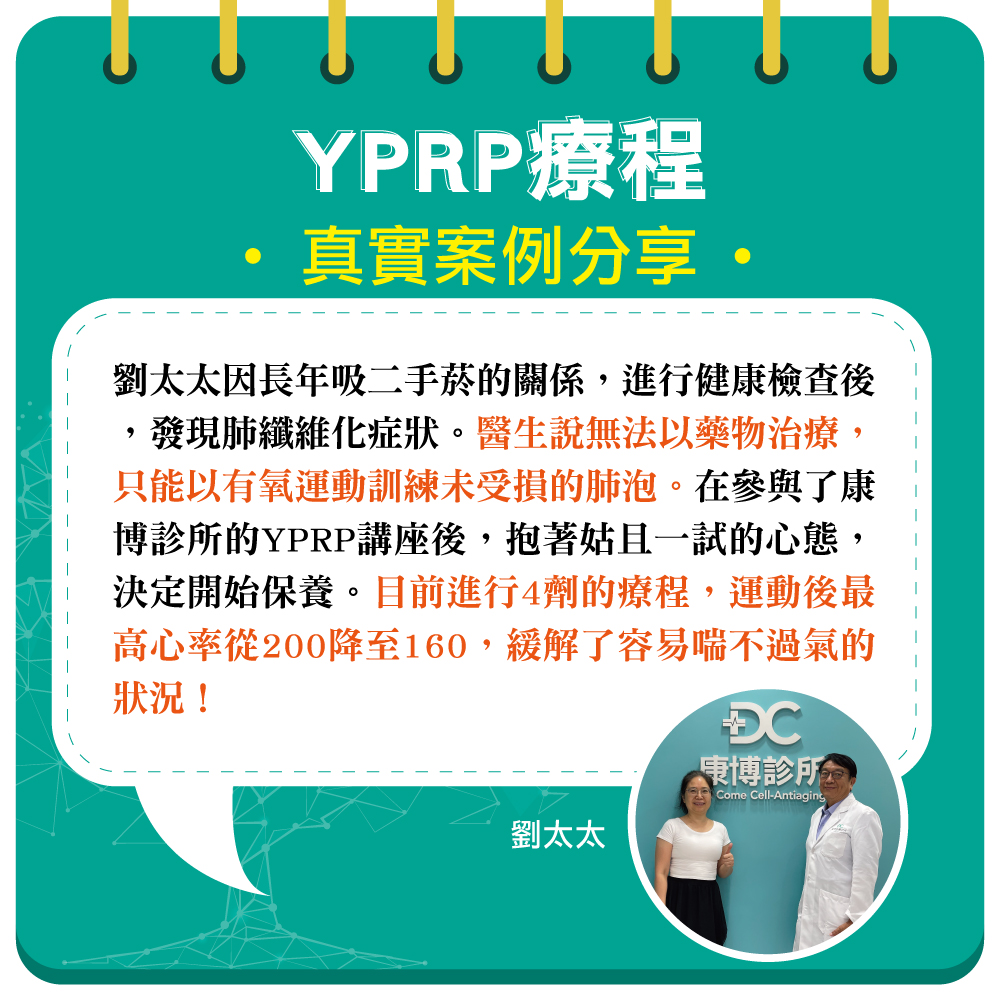 今年58歲住在新竹市的劉太太，因至少吸了二十年的二手菸，在大前年進行健康檢查時，發現了身體有肺纖維化的狀況。醫生表示沒有藥物可治療，只能多做有氧運動來訓練。在康博診所進行YPRP後，肺部功能逐漸改善，在高強度間歇訓練後，心率約在160左右，比之前狀況好很多～！